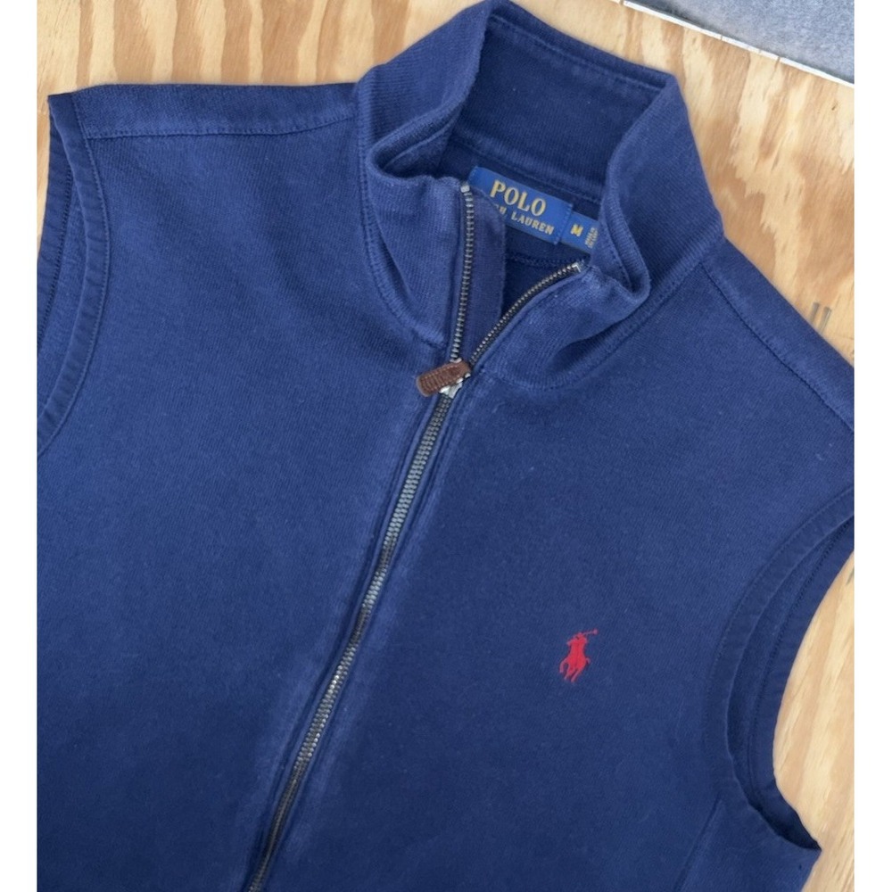 Polo Ralph Lauren Mens Full Zip Sweater Vest Mock Neck Medium Navy Blue Cotton